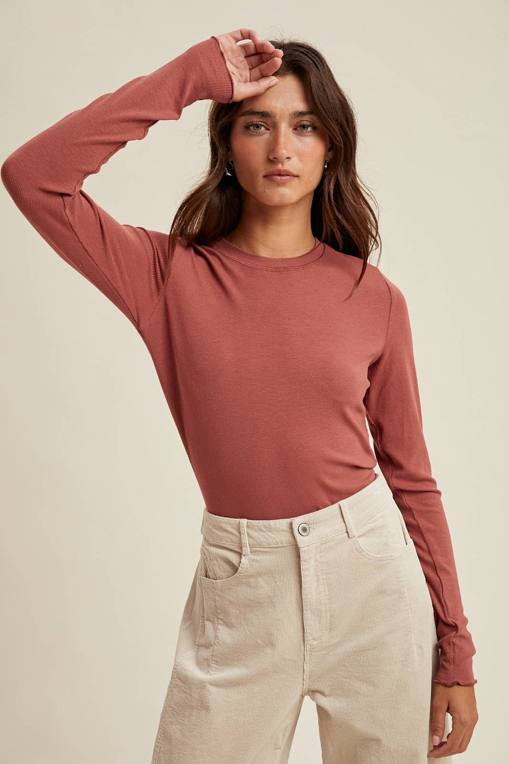 BASIC RIBBED LONG SLEEVE KNIT TOP / WL25-10937