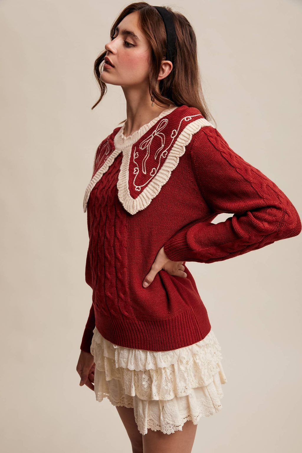 Bow Embroidered Cable Knit Sweater LSW0975