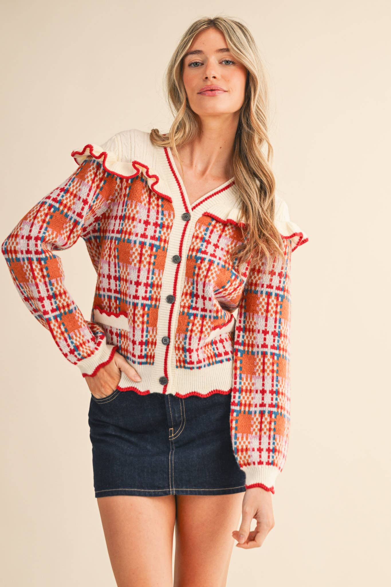 RUFFLED YOKE PLAID SWEATER CARDIGAN