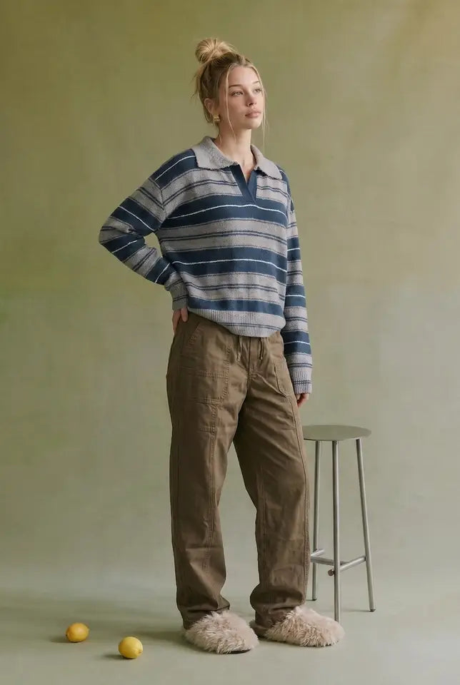 Horizontal Multi-stripe Collared Knit Sweater