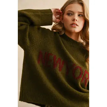 LETTER FRONT SWEATER TOP- OLIVE NY
