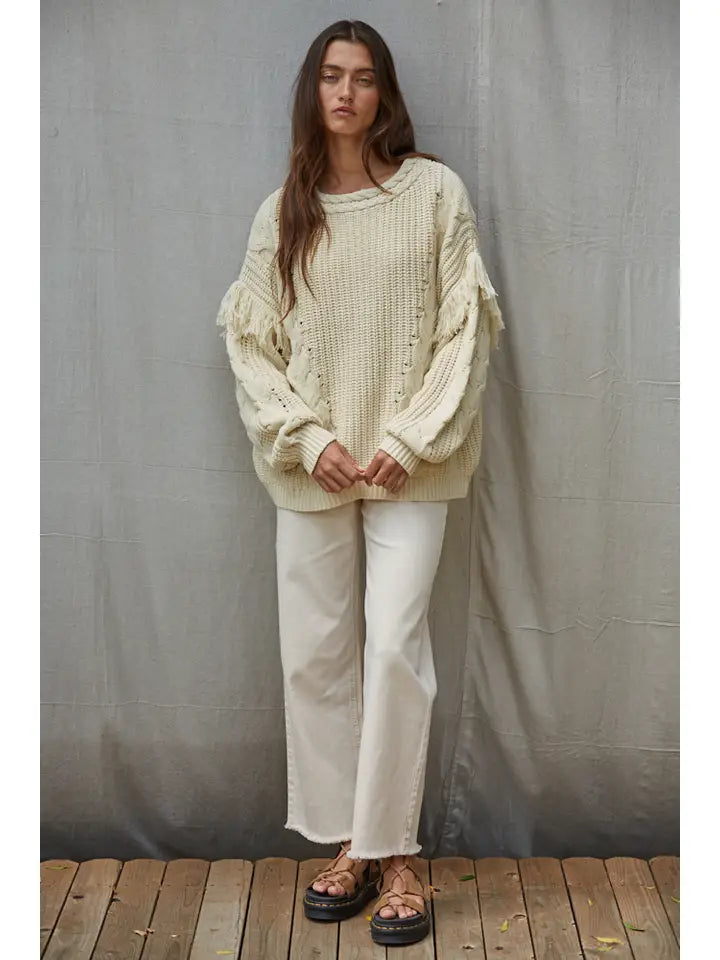 Cable Knit Sweater with Fringe Detail