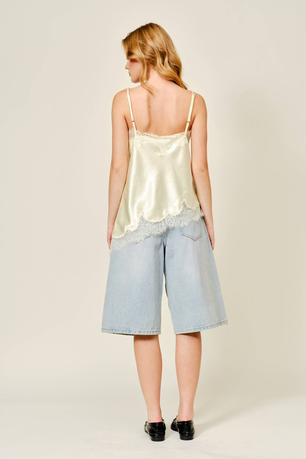 Aaron & Amber Champagne Satin Lace Top - Asymmetrical Cami