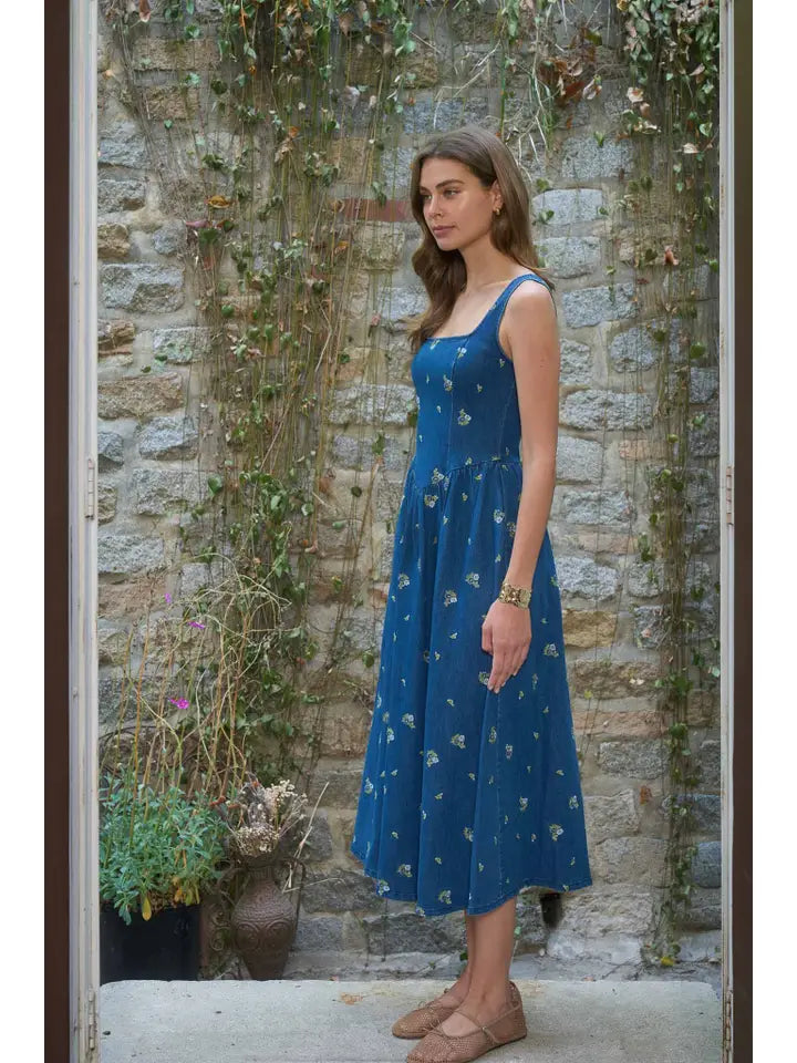 Square Neck Floral Embroidery Detail Denim Midi Dress
