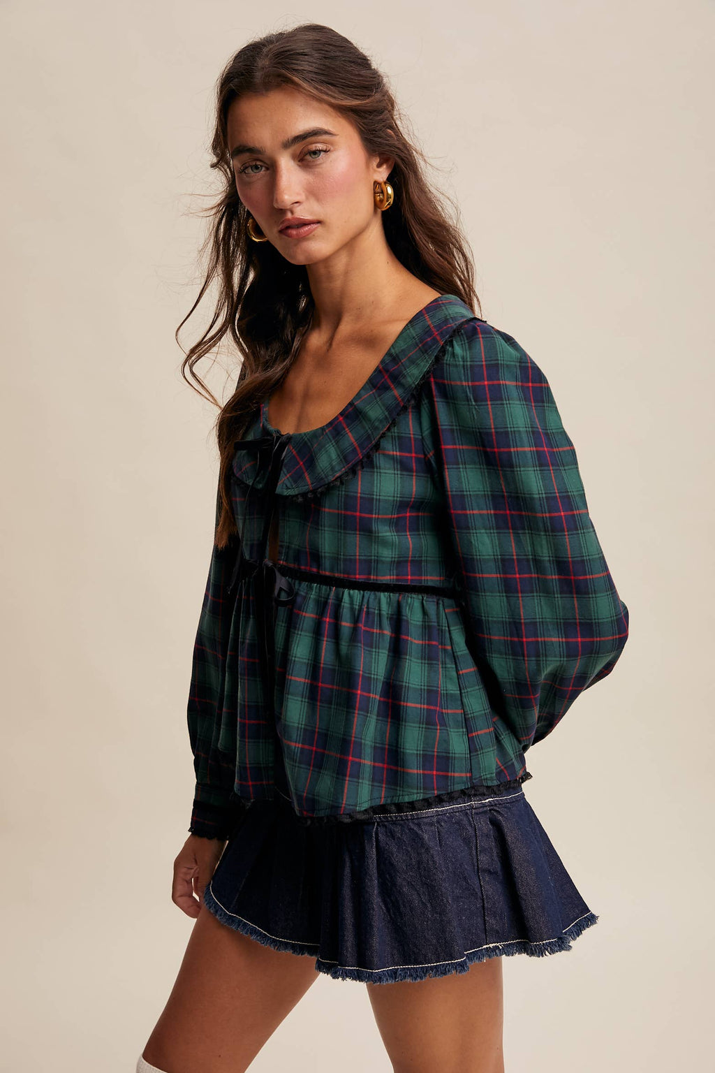 Plaid Velvet Trim Holiday Blouse LT1446