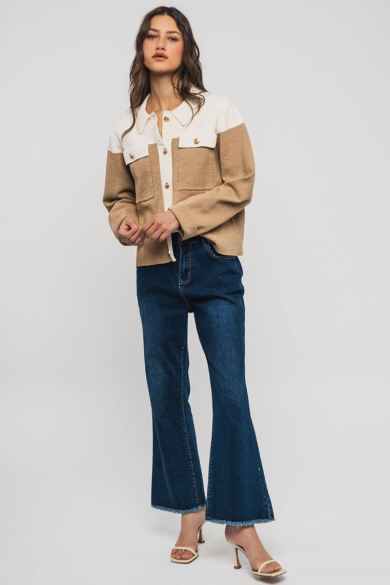 Colorblock Button-Up Cropped Coat