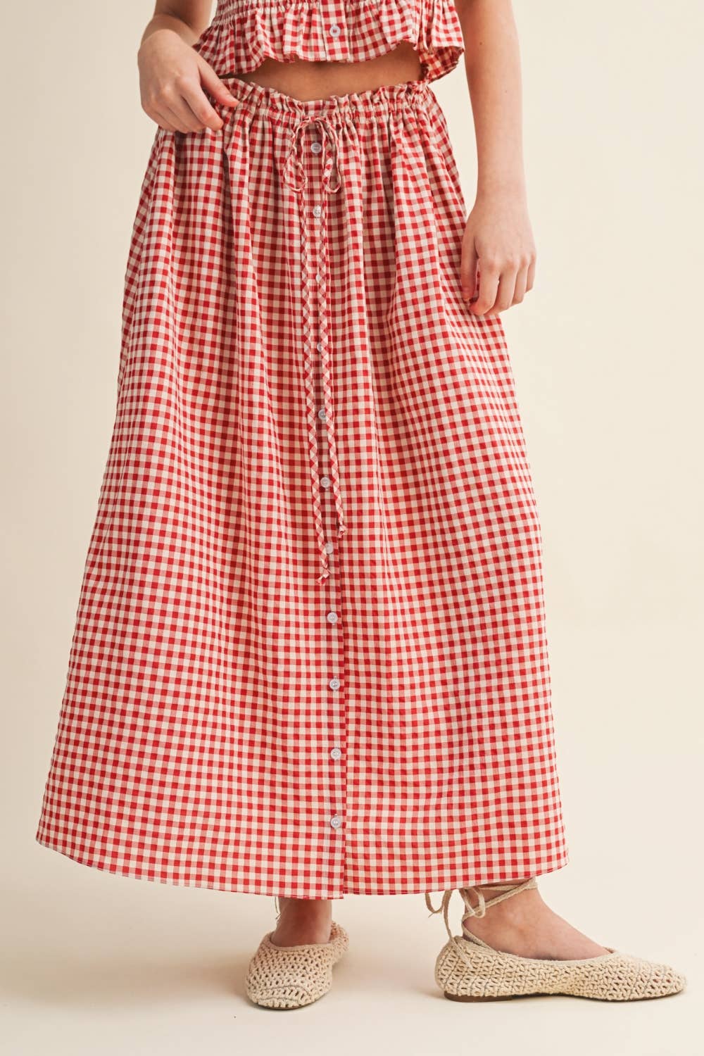 GINGHAM PATTERN BUTTON FRONT LONG SKIRT