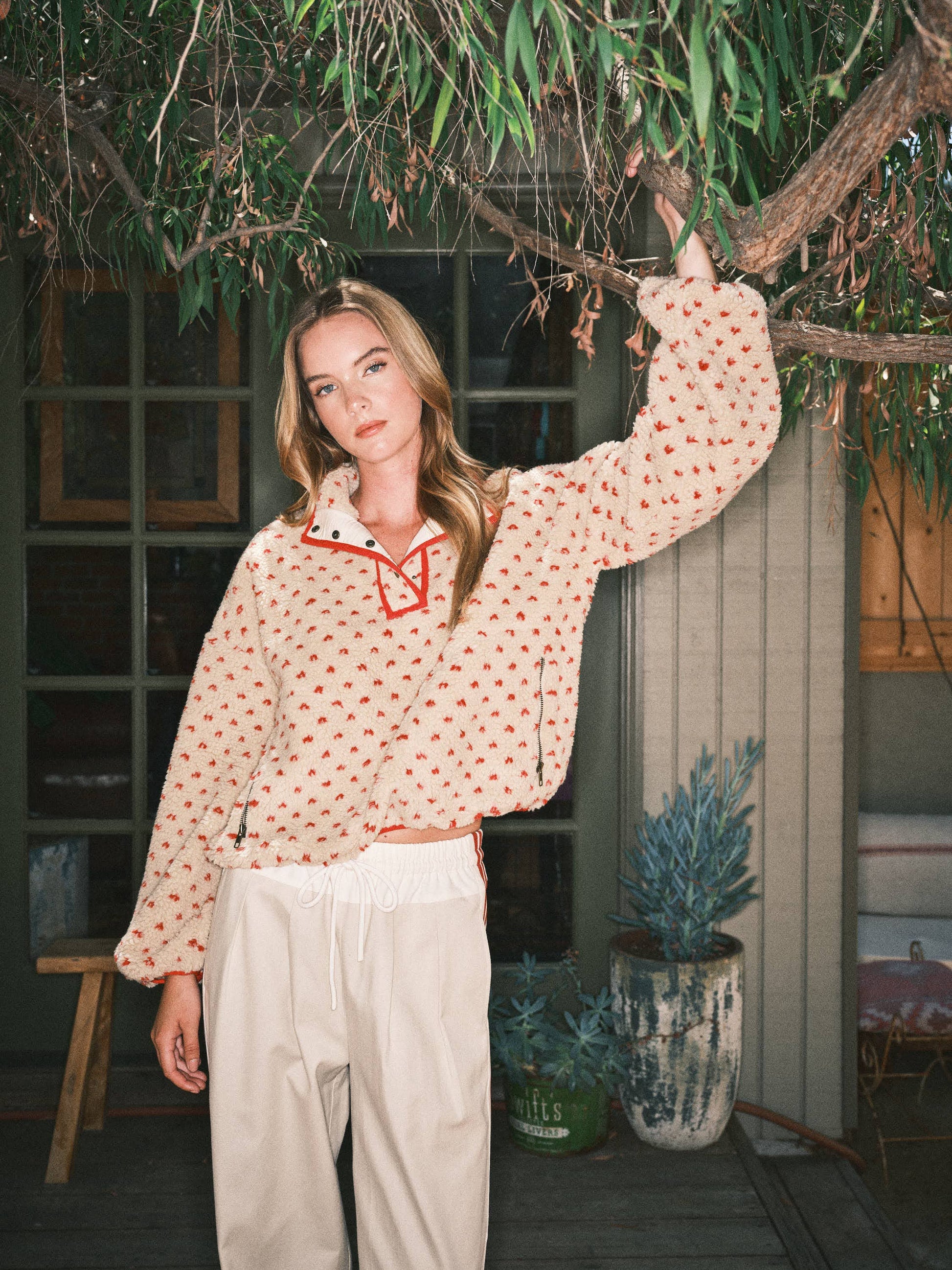 AJJ5366 HEART PRINT TEDDY BEAR PULLOVER JACKET