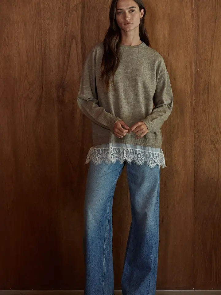 Long Sleeve Pullover Lace Trim Sweater