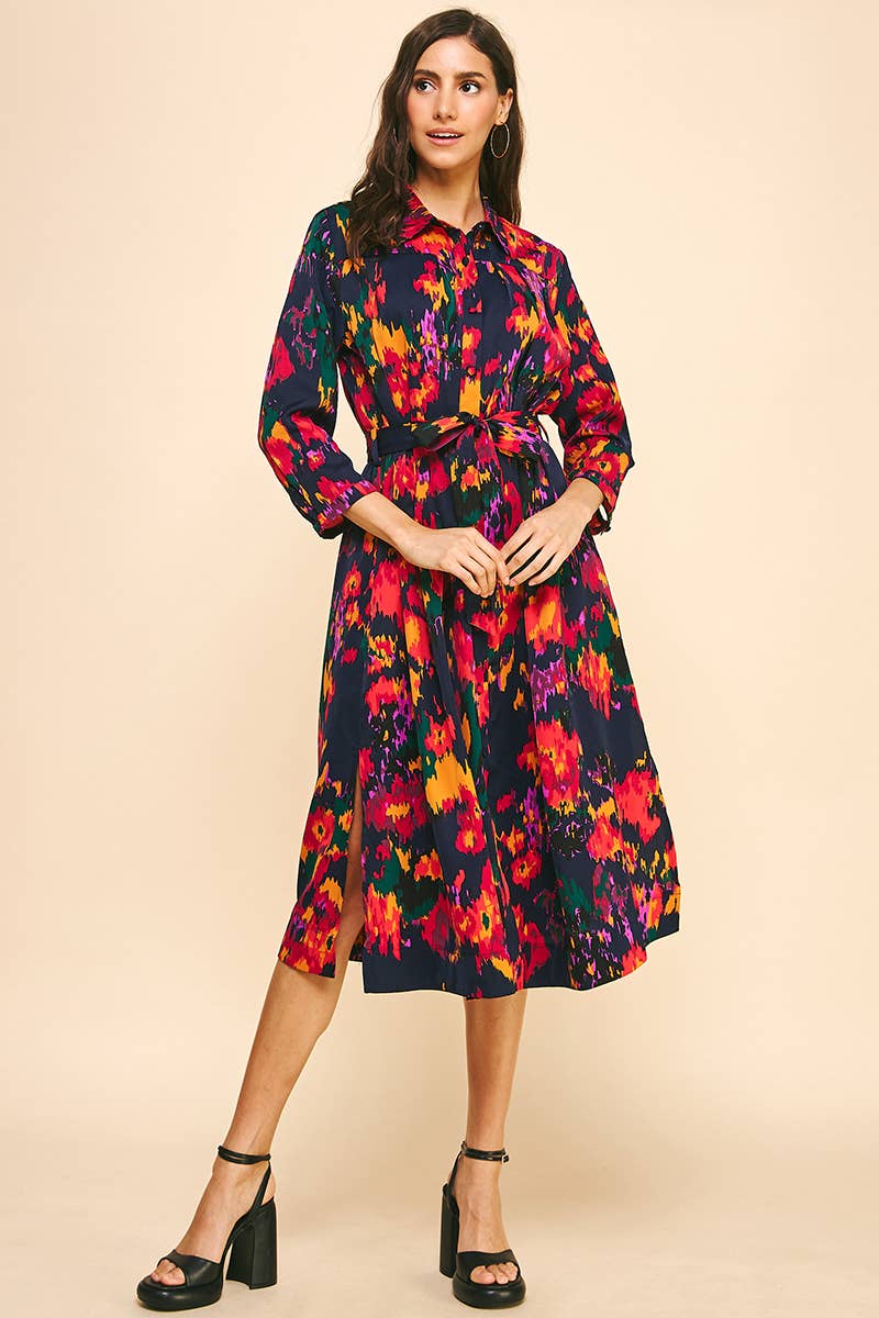 BUTTON DOWN MIDI DRESS - INK MULTI