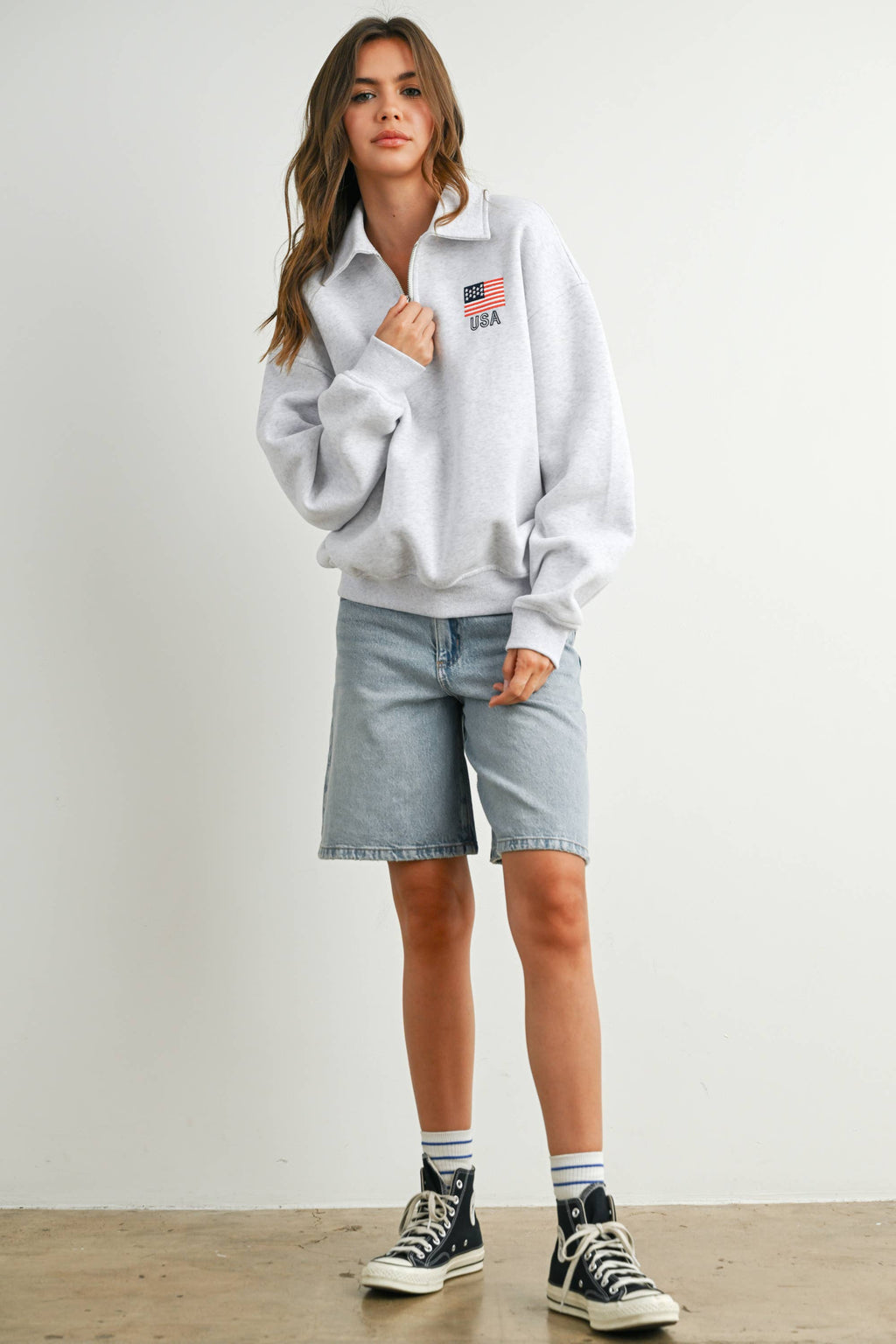 Loose Collared American Flag Icon Quarter-Zip Top