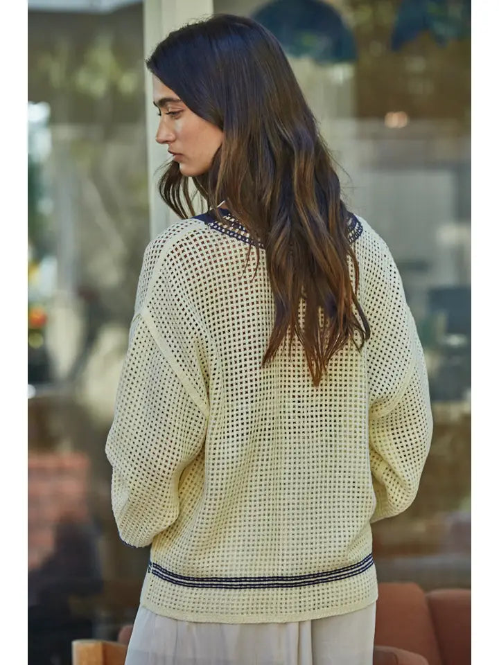 By Together Palm Tree Crochet Cardigan - Ivory V-Neck Knit Sweater