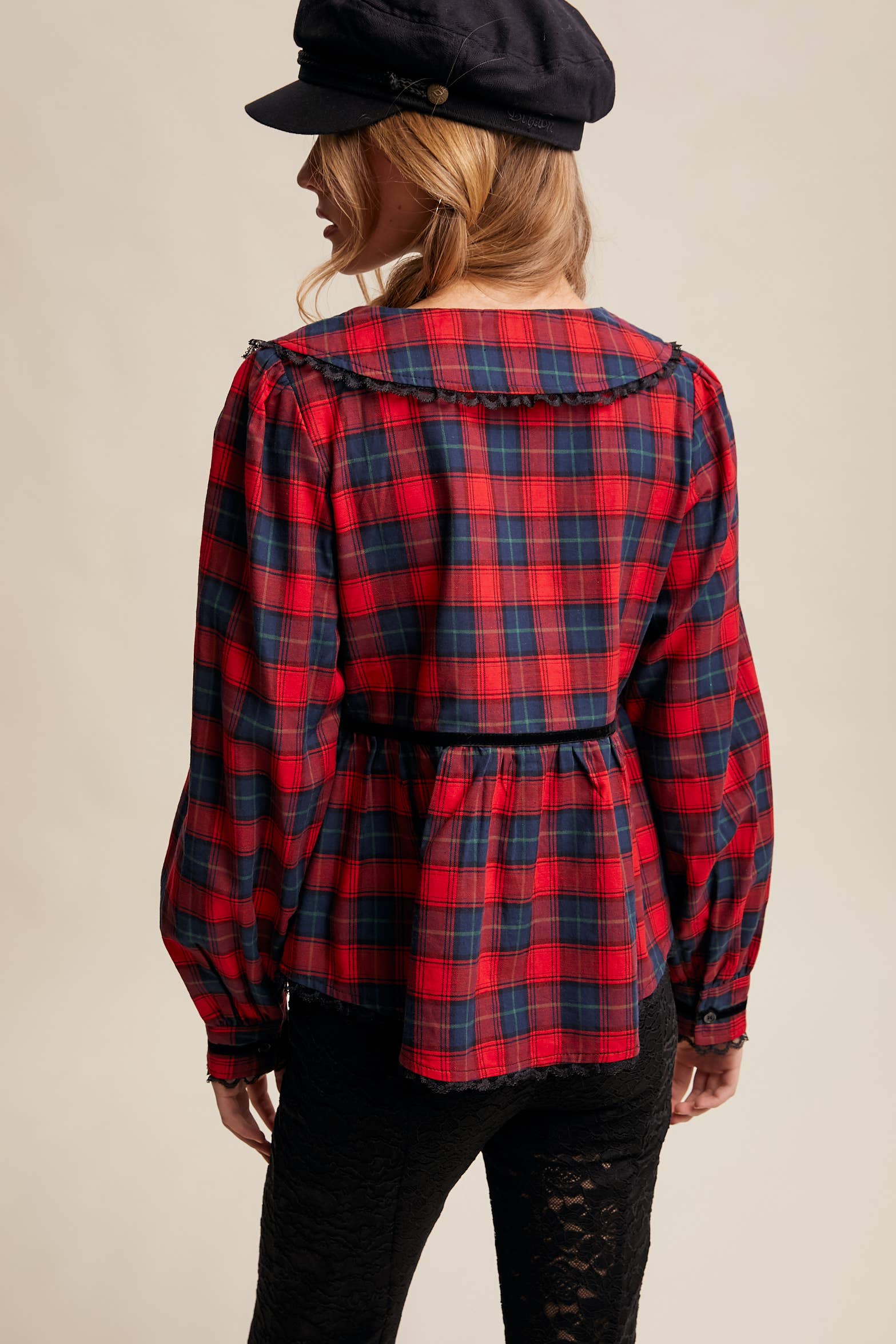 Plaid Velvet Trim Holiday Blouse LT1446