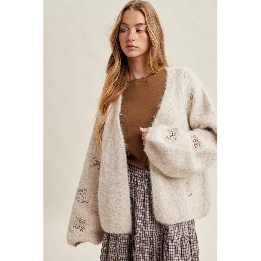 WESTERN EMBROIDERED FUZZY CARDIGAN