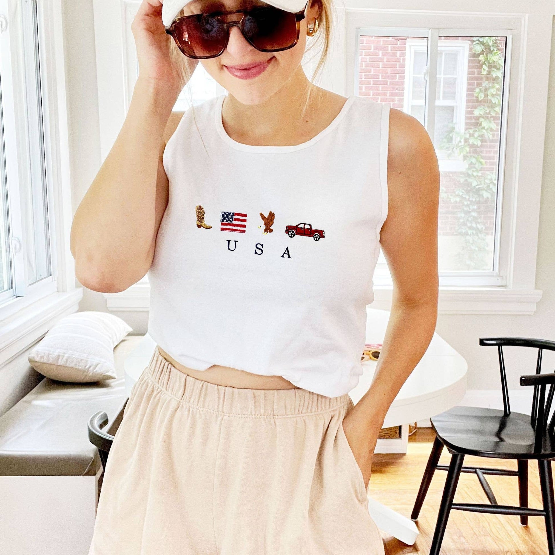 Embroidered USA Icons Comfort Colors Tank Top | 4th of July Americana