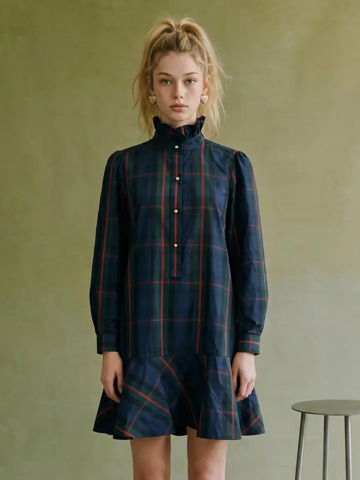 Plaid Taffeta Ruffle Collar Mini Dress