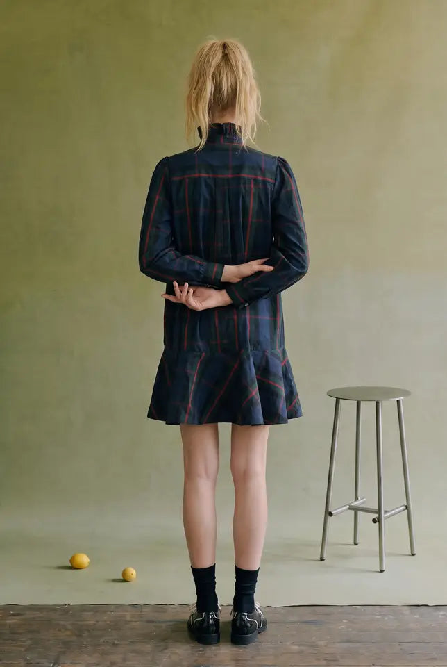 Plaid Taffeta Ruffle Collar Mini Dress