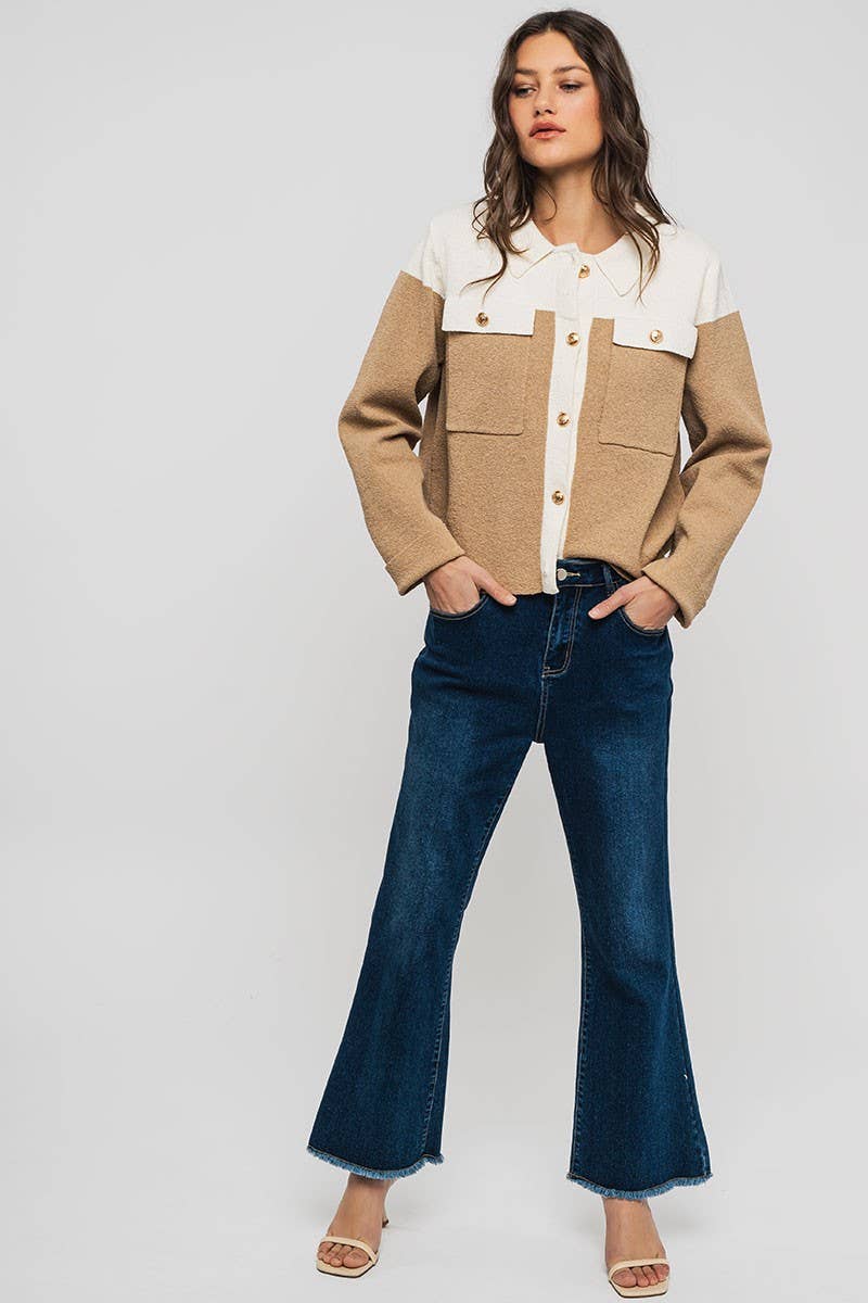 Colorblock Button-Up Cropped Coat