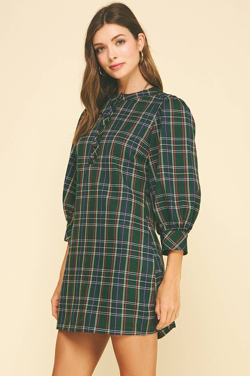 PLAID BUTTON DOWN MINI DRESS - DARK GREEN