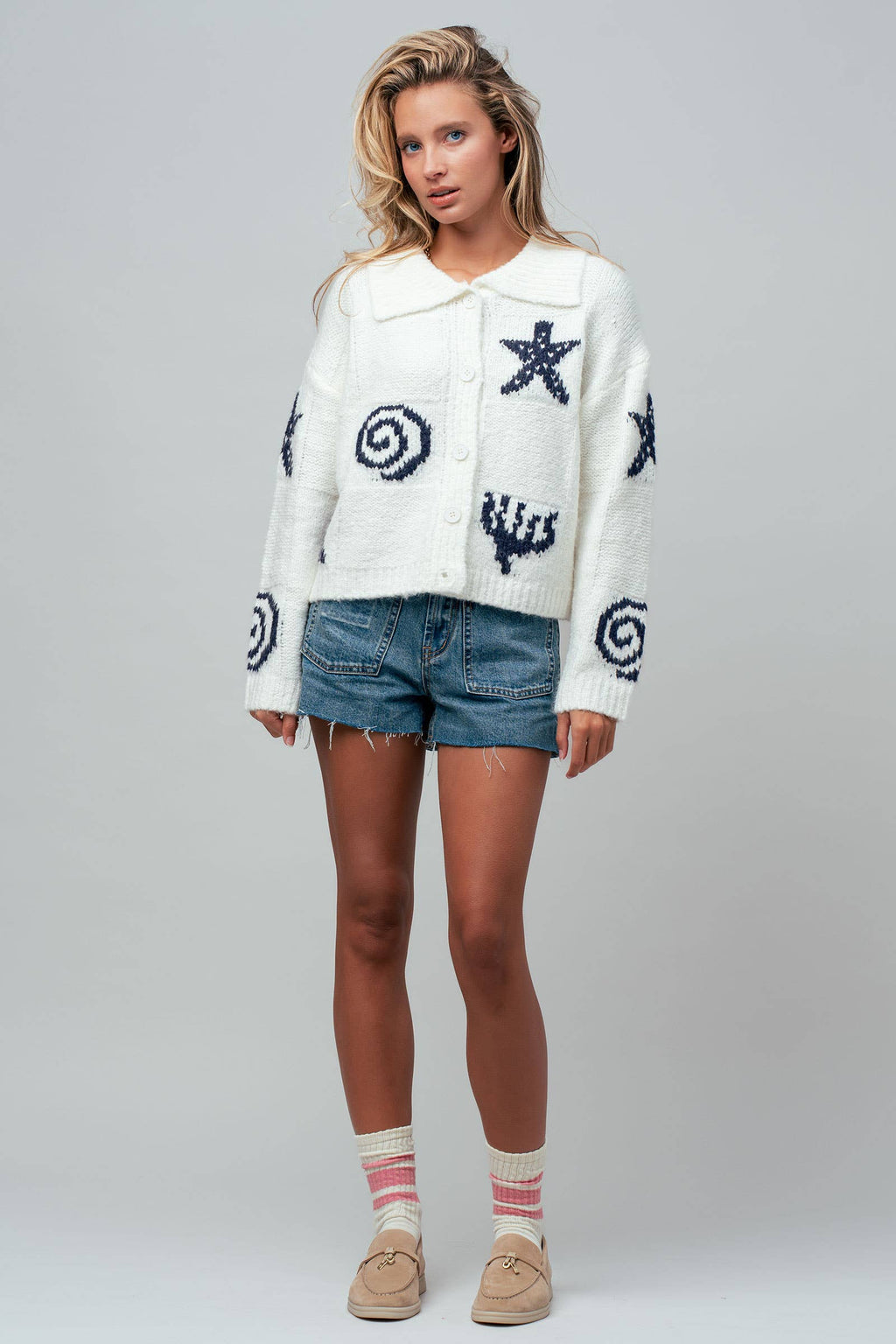 Nautical Sea Life Motif Collared Cardigan