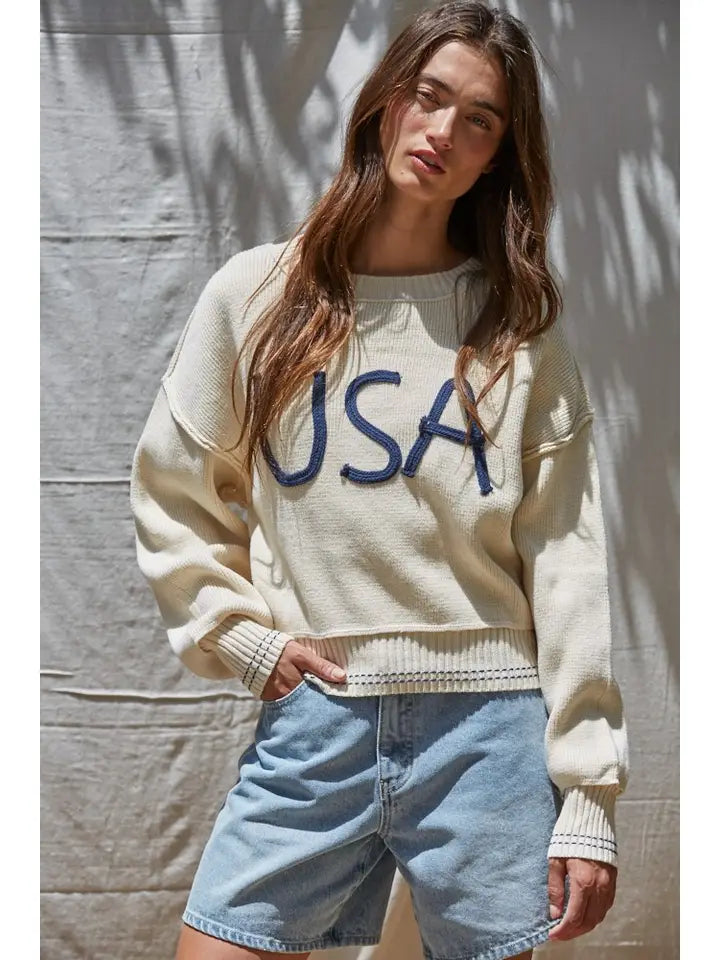 KNIT SWEATER PULLOVER TOP USA EMBROIDERED