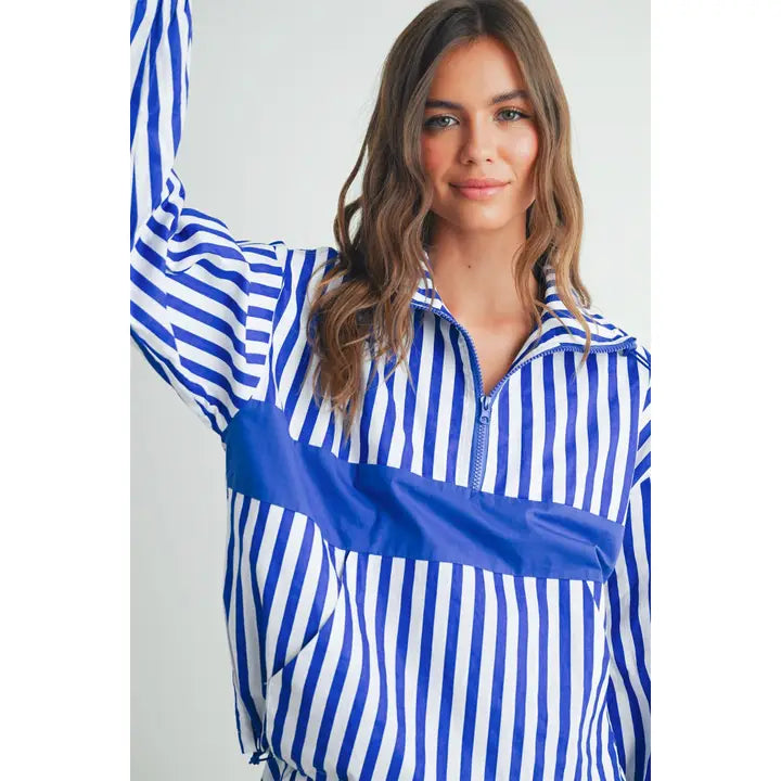 Drawstring Half Zip Striped Jacket