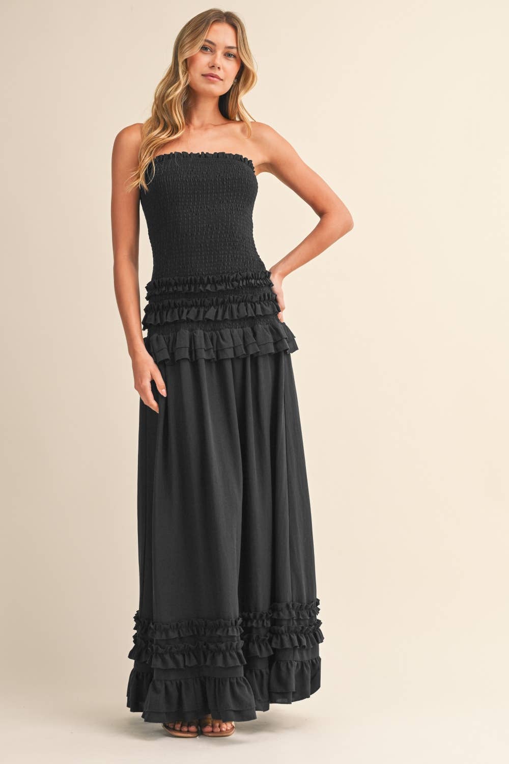 RUFFLED SMOCKED LOW WAIST MAXI DRESS