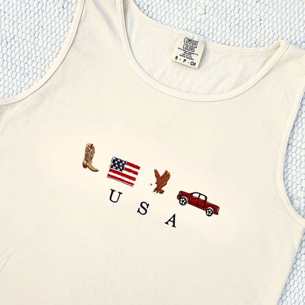 Embroidered USA Icons Comfort Colors Tank Top | 4th of July Americana