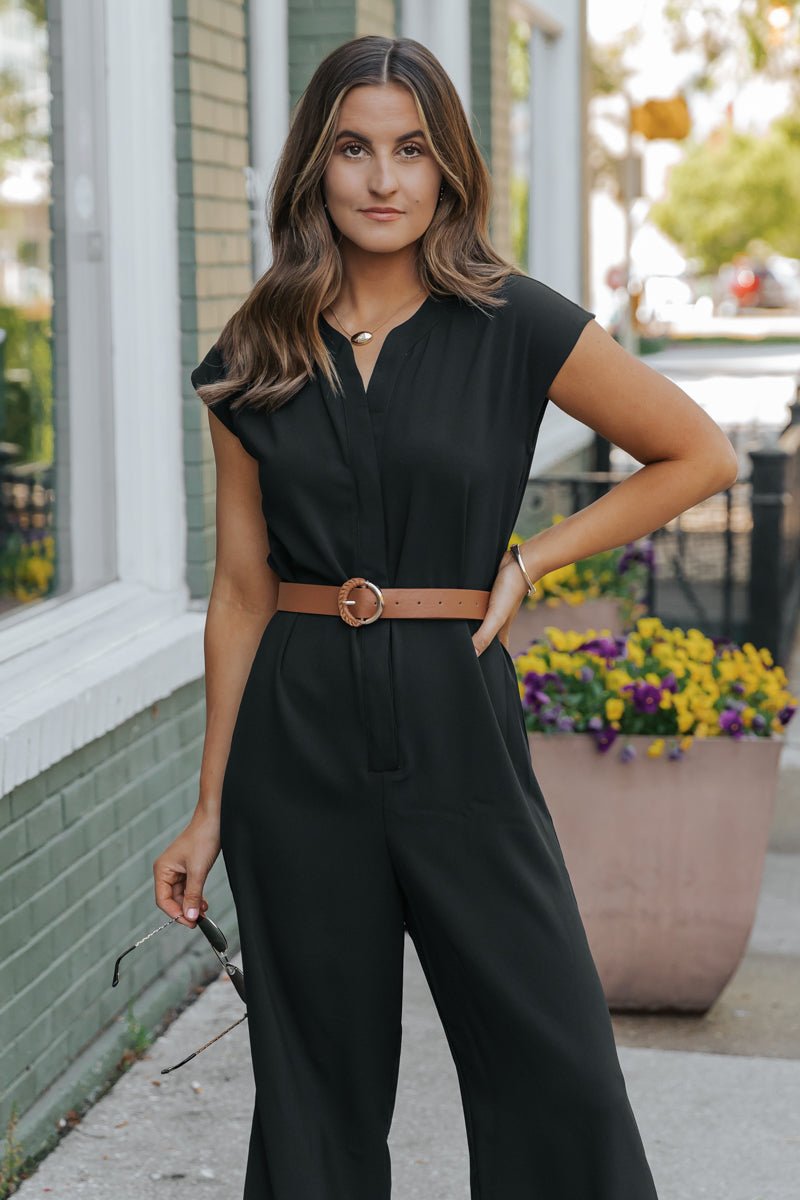 Black Short Sleeve Belted Jumpsuit - FINAL SALE
