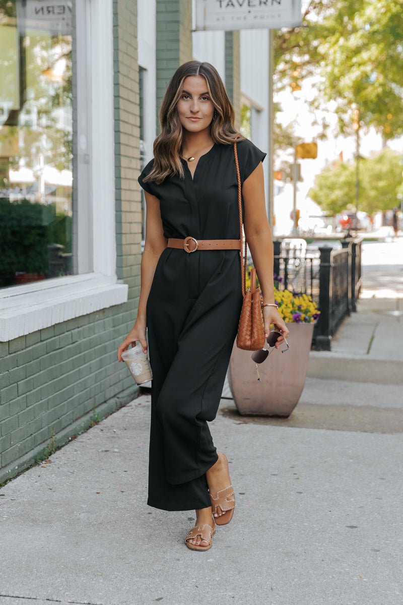 Black Short Sleeve Belted Jumpsuit - FINAL SALE