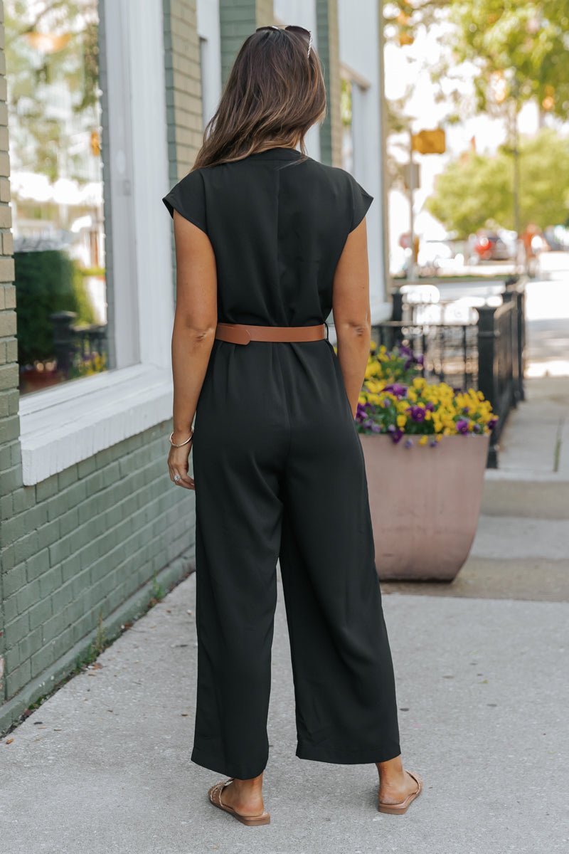 Black Short Sleeve Belted Jumpsuit - FINAL SALE