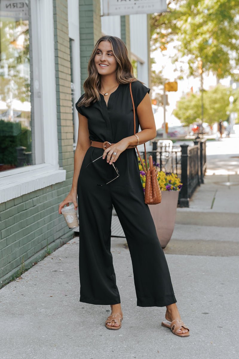 Black Short Sleeve Belted Jumpsuit - FINAL SALE