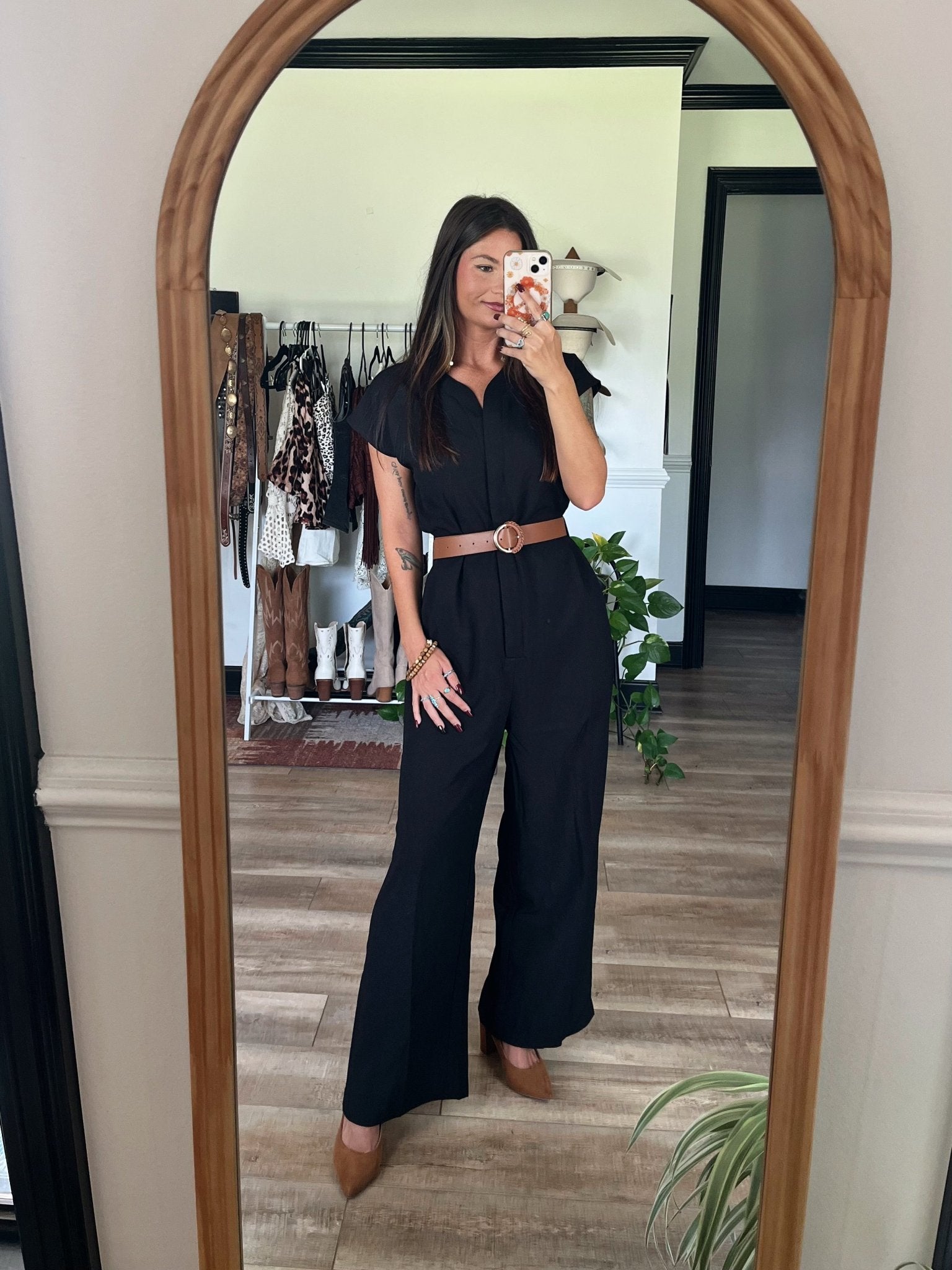 Black Short Sleeve Belted Jumpsuit - FINAL SALE