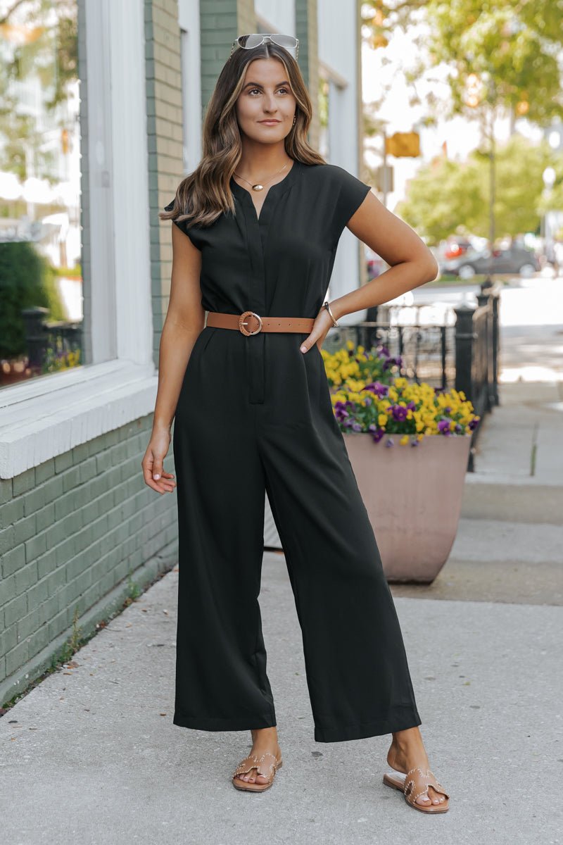 Black Short Sleeve Belted Jumpsuit - FINAL SALE