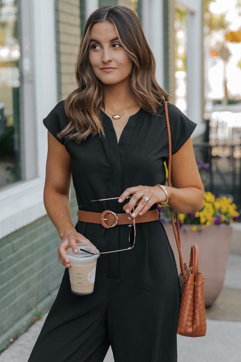 Black Short Sleeve Belted Jumpsuit - FINAL SALE