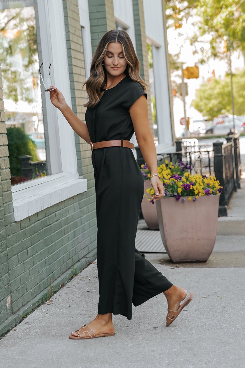 Black Short Sleeve Belted Jumpsuit - FINAL SALE
