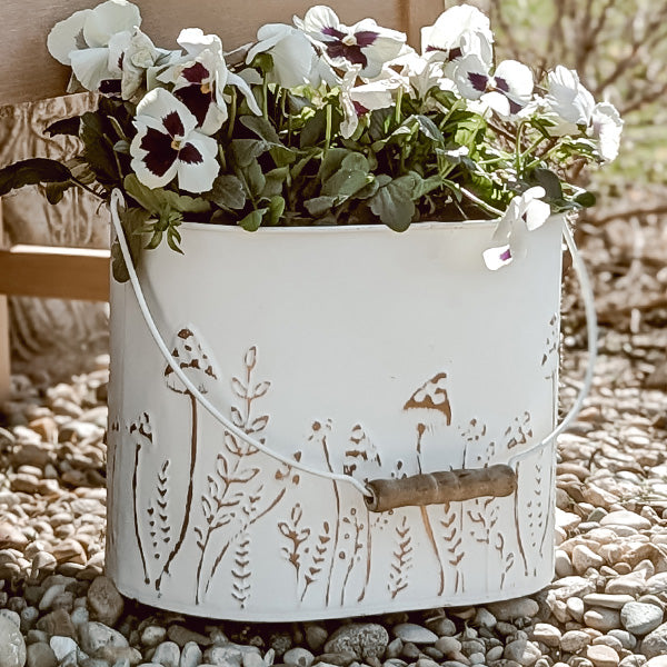 Rustic Cream Mushroom Embossed Metal Buckets, Set of Two