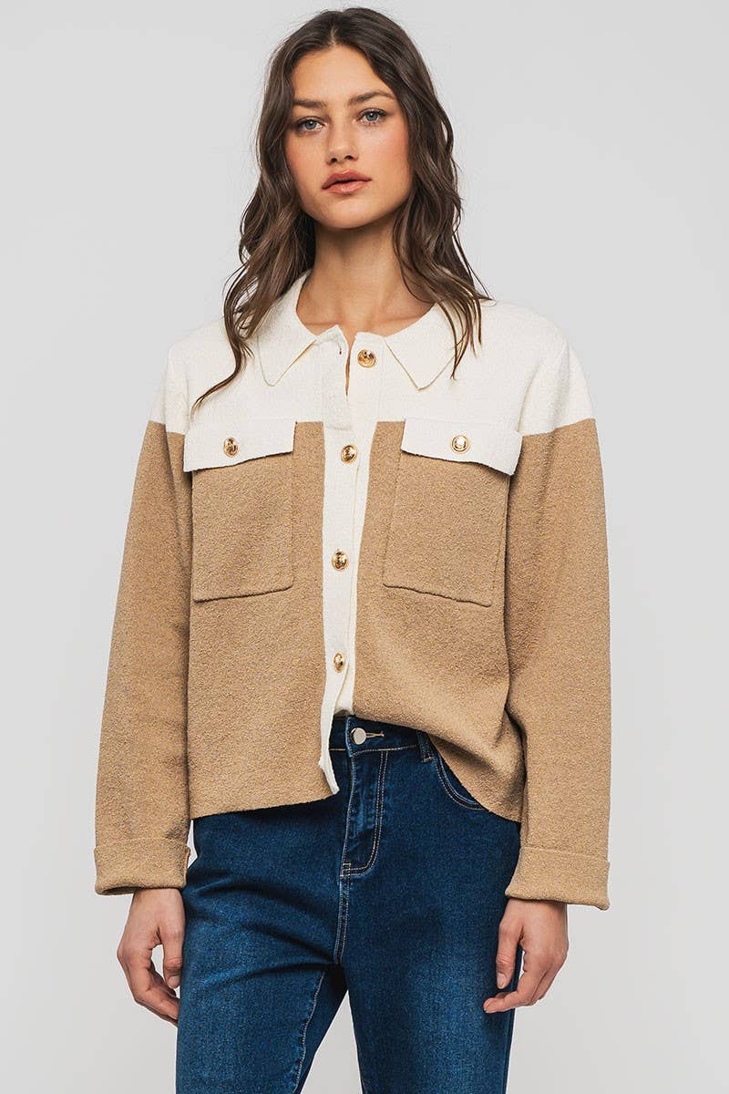 Colorblock Button-Up Cropped Coat