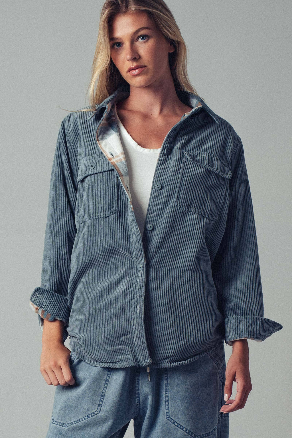 Plaid Lined Corduroy Flannel Shacket