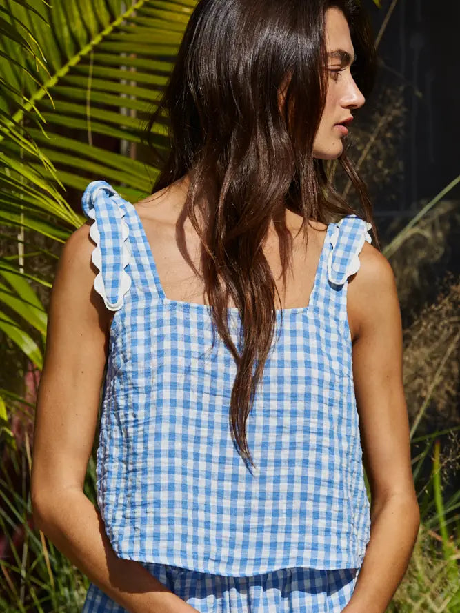 GINGHAM SQUARE NECK TANK WITH SCALLOP SHOULDER TIE