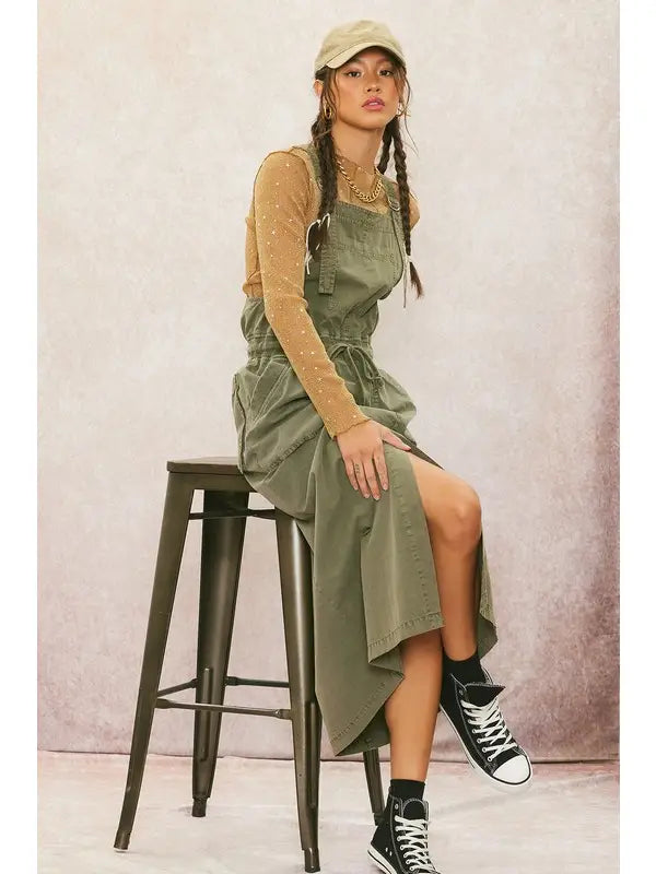 PRE WASHED OVERALL DRESS - OLIVE
