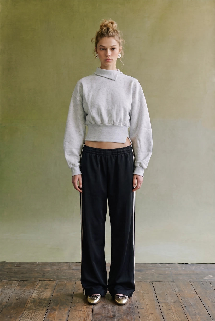 Asymmetric Collar Balloon Sleeve Sweatshirt