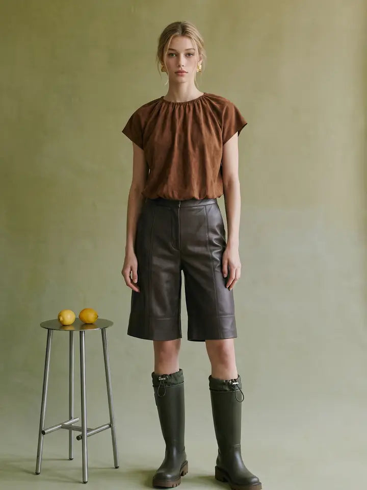 Gathered Suede Bubble Hem Top
