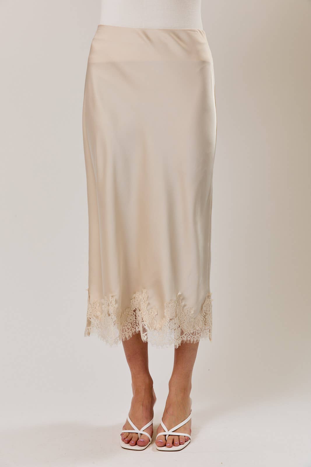 LACE APPLIQUE SATIN BIAS MIDI SKIRT