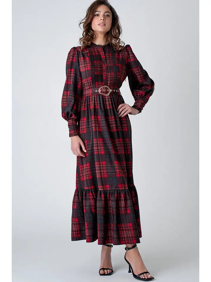 Plaid Belted Layered Button Down Balloon Sleeve Maxi Dress UDHD2928
