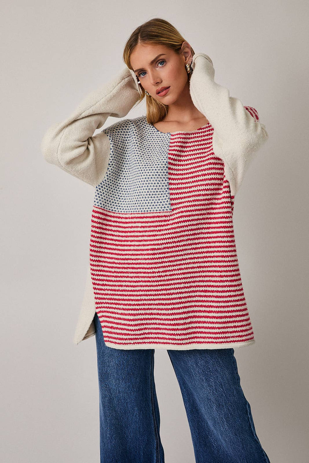 BOAT NECK LONG SLEEVE OVERSIZE FLAG SWEATER
