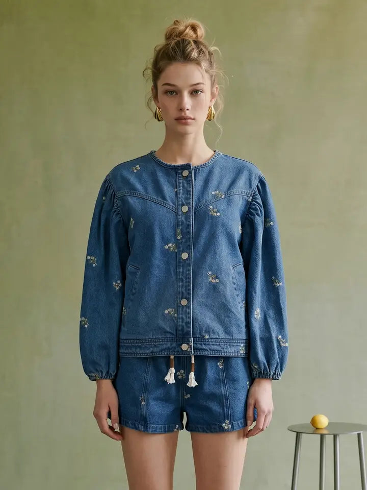 Washed Denim With Embroidered Puff Sleeve Round Neck