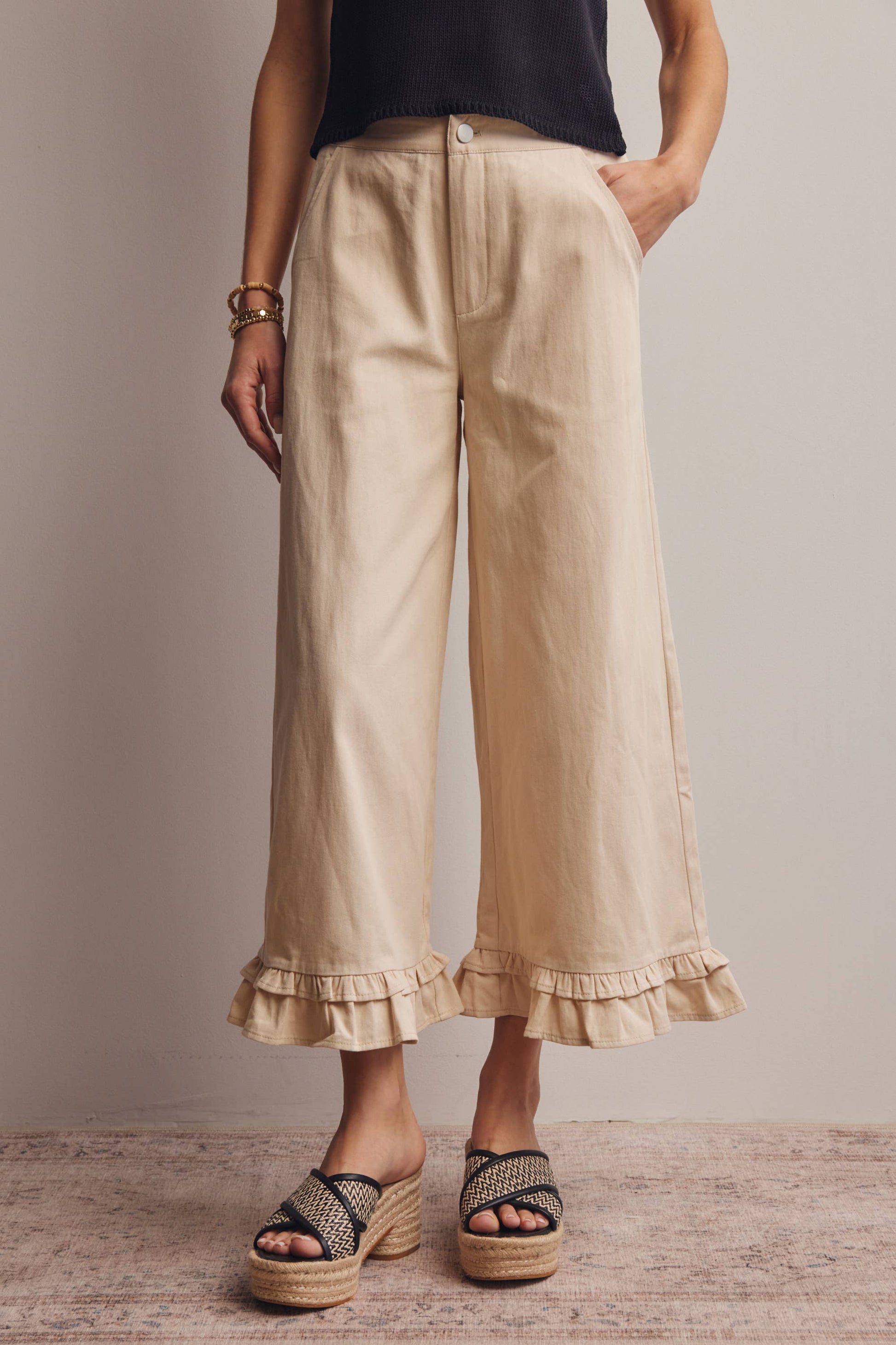 Ruffle Hem Wide-Leg Pants
