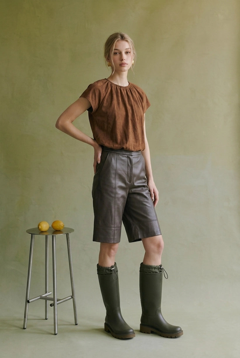 Gathered Suede Bubble Hem Top