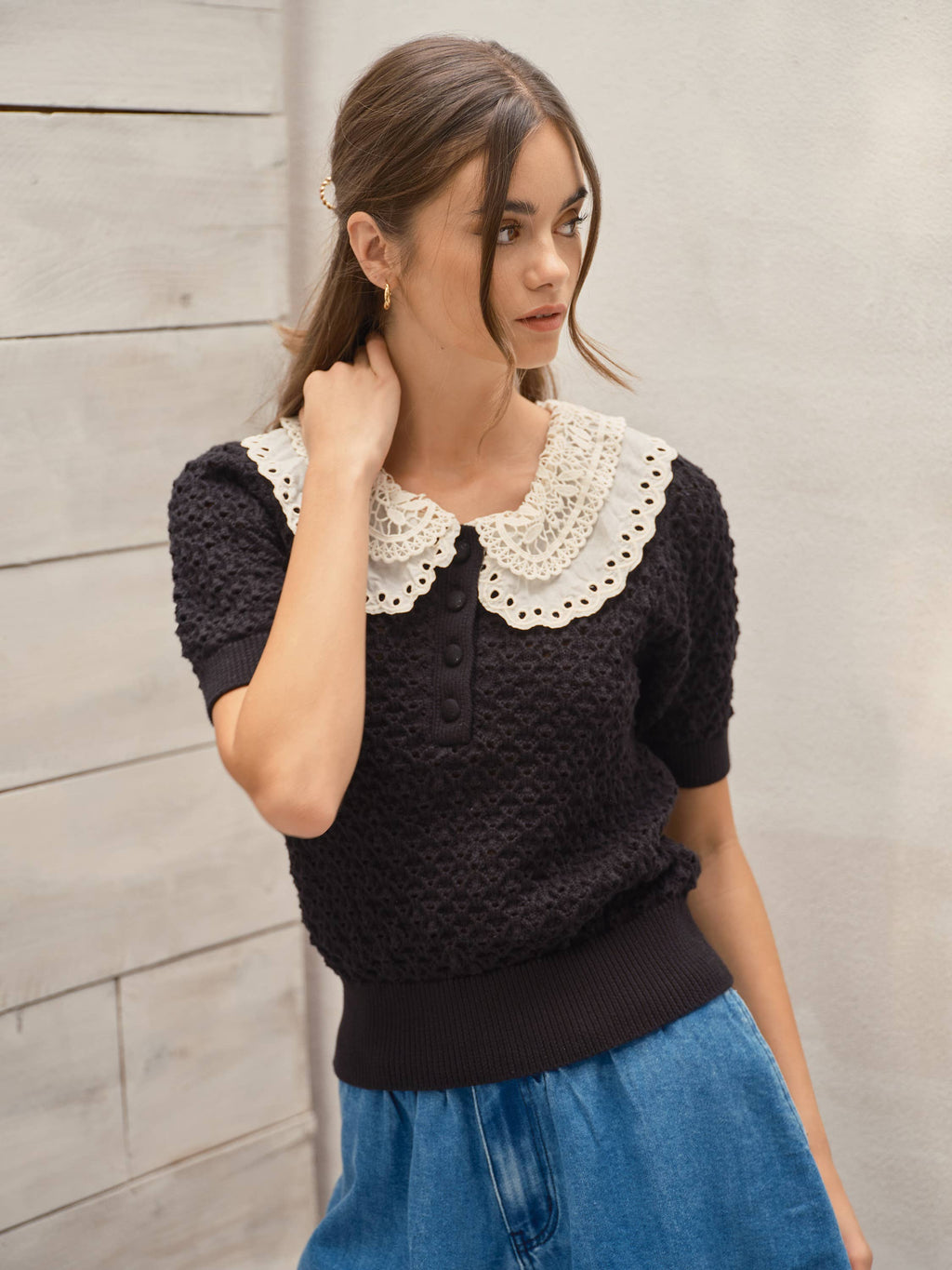 LACE COLLAR CROCHET SHORT SLEEVE SWEATER TOP